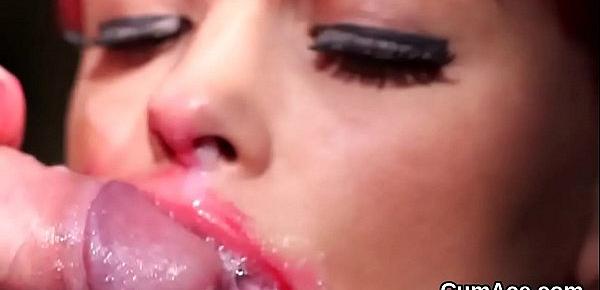  Foxy beauty gets sperm load on her face gulping all the sperm